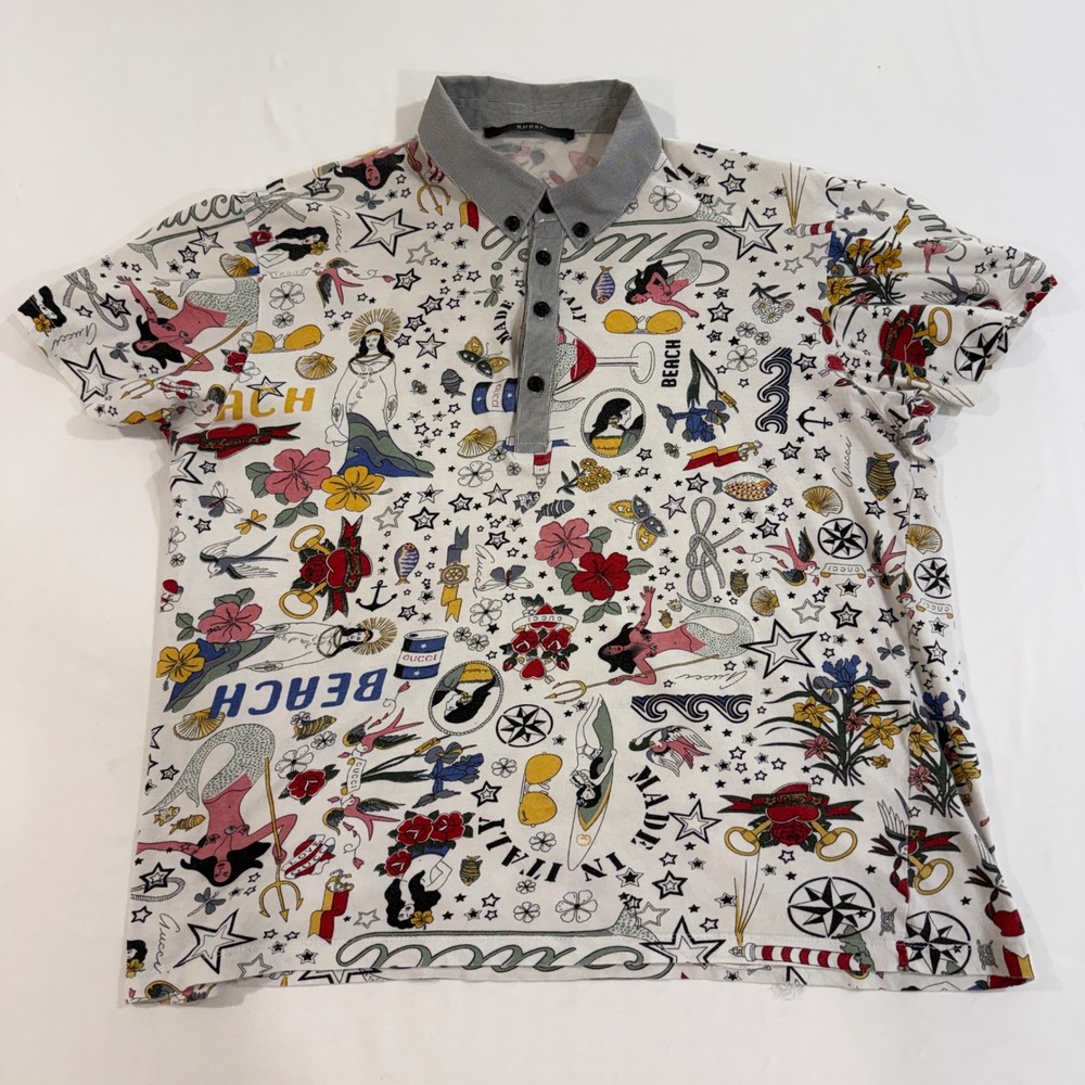 Gucci Mens Tattoo Print Polo Shirt Size 54 White Nautical Mermaid Made In Italy